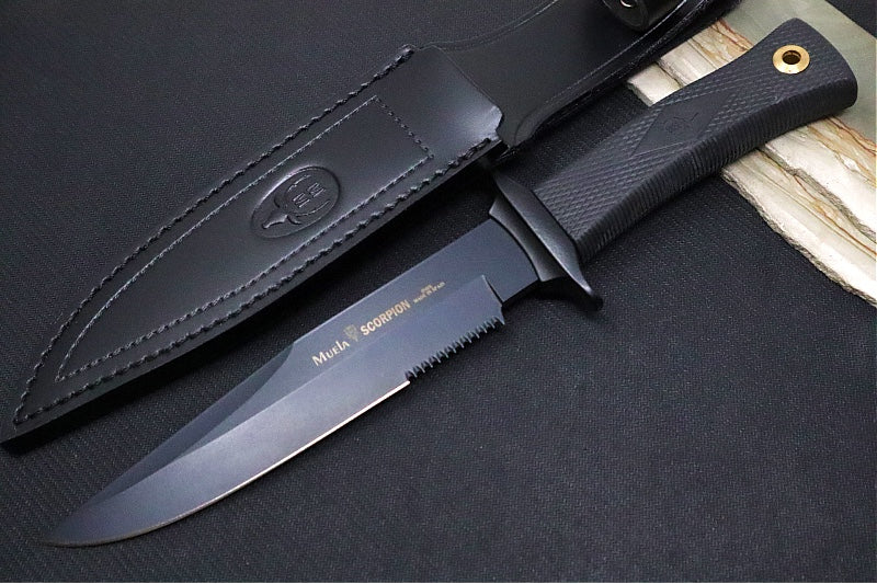 Muela Knives SCORPION-18N Fixed Blade - Black Rubber Handle / Black 440C Stainless Clip Point Blade with Serrations / Black Leather Sheath