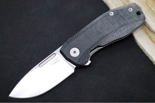 Lionsteel Nano Flipper - Stonewashed Finish / Drop Point Blade / M390 Steel / Black Canvas Micarta Handle NA01CVB