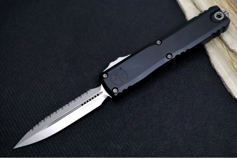 Microtech Ultratech Gen IV OTF - Stonewash Finish / Fully Serrated Dagger Blade / Black Anodized Aluminum Handle 11224-12