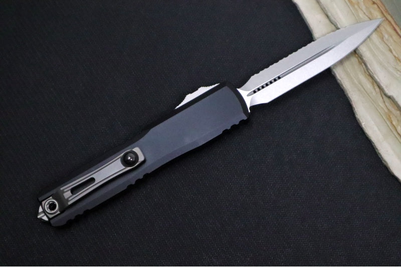 Microtech Ultratech Gen IV OTF - Stonewash Finish / Fully Serrated Dagger Blade / Black Anodized Aluminum Handle 11224-12