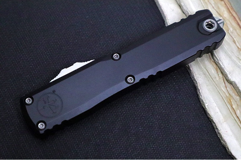 Microtech Ultratech Gen IV OTF - Stonewash Finish / Fully Serrated Dagger Blade / Black Anodized Aluminum Handle 11224-12
