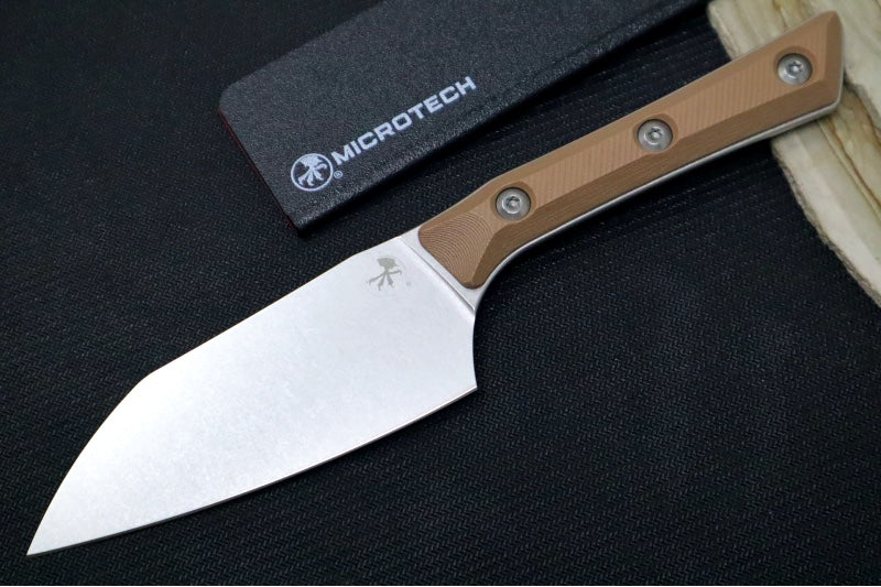 Microtech 4" Santoku Knife - M390MK Steel / Stonewashed Finish / Coyote Tan G-10 Handle 3300-10CE
