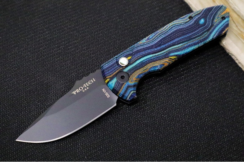 Pro Tech SBR Auto - "Starry Night" Custom G-Carta & Black Anodized Aluminum Handle / DLC Black Blade / Abalone Push Button LG423-StarryNight