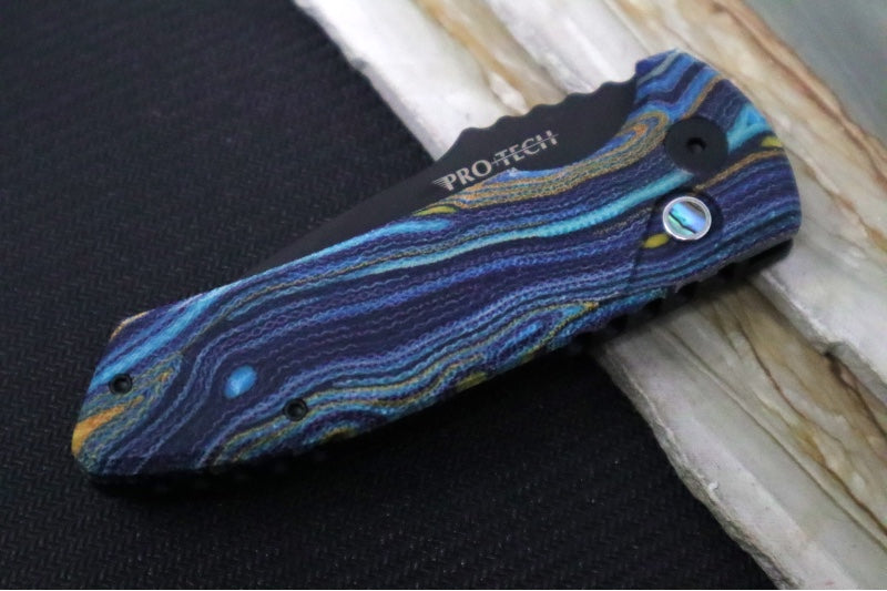 Pro Tech SBR Auto - "Starry Night" Custom G-Carta & Black Anodized Aluminum Handle / DLC Black Blade / Abalone Push Button LG423-StarryNight - Northwest Knives