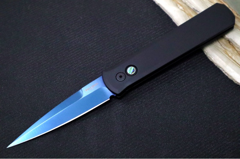 Pro Tech Godfather Auto - Black Aluminum Handle / "Sapphire Blue" PVD Blade / Ablaone Push Button 921-SB