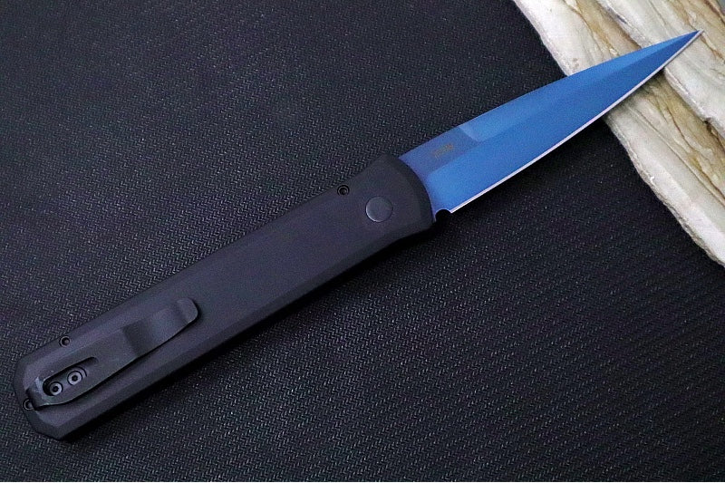 Pro Tech Godfather Auto - Black Aluminum Handle / "Sapphire Blue" PVD Blade / Ablaone Push Button 921-SB - Northwest Knives