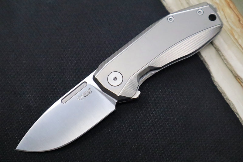 Lionsteel Nano Flipper - Stonewashed Finish / Drop Point Blade / M390 Steel / Grey Titanium Handle NA01GY