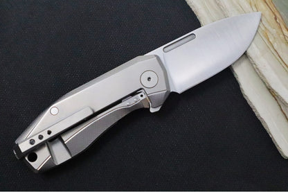 Lionsteel Nano Flipper - Stonewashed Finish / Drop Point Blade / M390 Steel / Grey Titanium Handle NA01GY