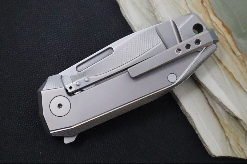 Lionsteel Nano Flipper - Stonewashed Finish / Drop Point Blade / M390 Steel / Grey Titanium Handle NA01GY