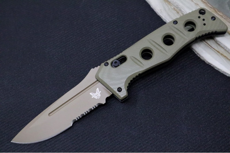 Benchmade 275SFE-2 Adamas - Flat Dark Earth CPM-CruWear Drop Point Combo Blade / OD Green G-10 Handle