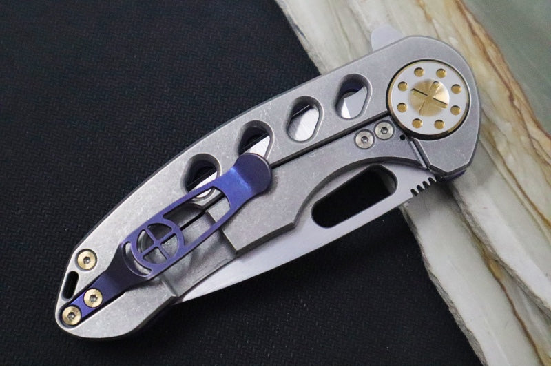 Curtiss Custom Knives F3 Medium Titanium Flipper - Slicer Blade / CPM-S45VN Steel / Oval-Tac Titanium Handle / Purple Ano Clip & Bronzed Hardware
