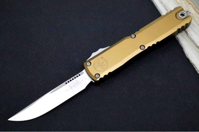Microtech Ultratech Gen IV OTF - Stonewash Finish / Drop Point Blade / Tan Anodized Aluminum Handle 11214-10TA
