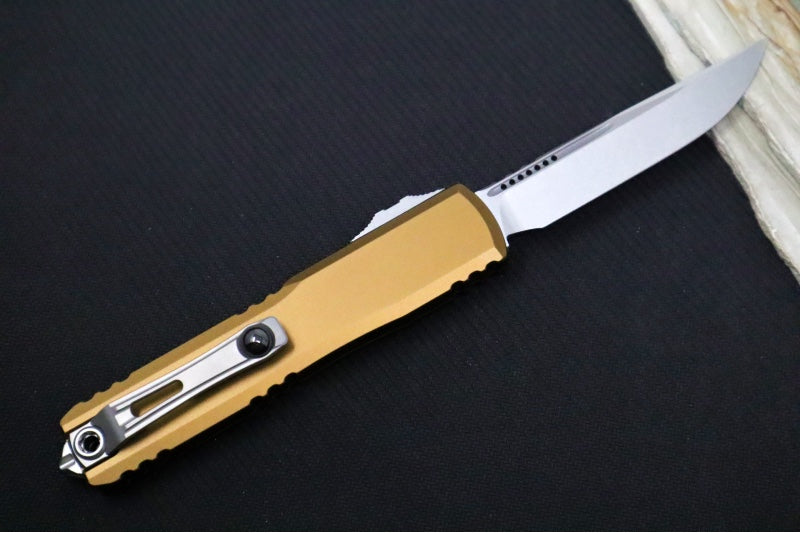 Microtech Ultratech Gen IV OTF - Stonewash Finish / Drop Point Blade / Tan Anodized Aluminum Handle 11214-10TA
