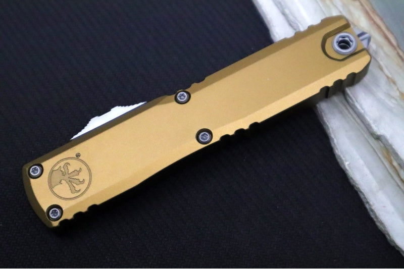 Microtech Ultratech Gen IV OTF - Stonewash Finish / Drop Point Blade / Tan Anodized Aluminum Handle 11214-10TA