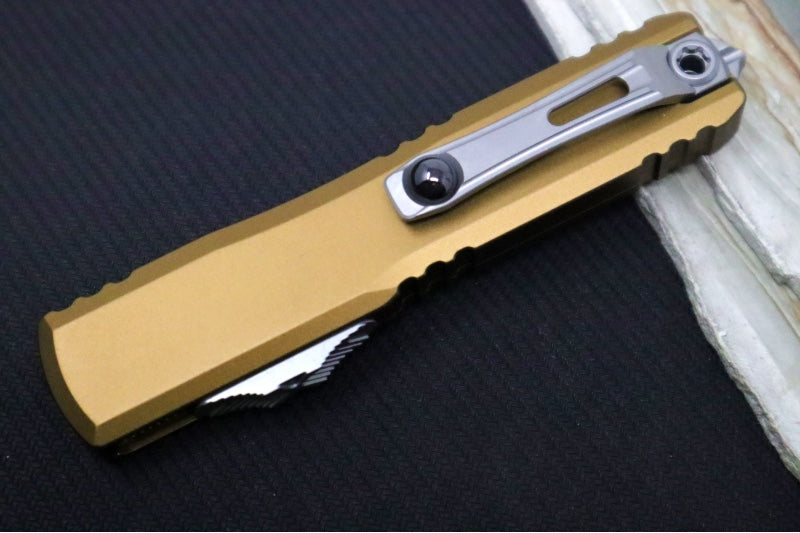 Microtech Ultratech Gen IV OTF - Stonewash Finish / Drop Point Blade / Tan Anodized Aluminum Handle 11214-10TA