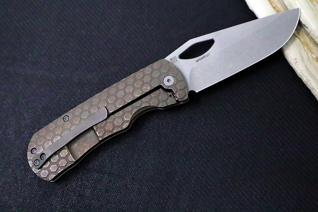 McNees Knives 3.75" DX Dixon - CPM-Magnacut Steel / Drop Point / Bronzed Anodized Honeycomb Titanium Handle & Stonewashed Hardware