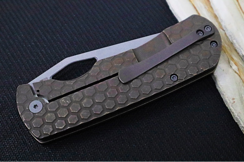 McNees Knives 3.75" DX Dixon - CPM-Magnacut Steel / Drop Point / Bronzed Anodized Honeycomb Titanium Handle & Stonewashed Hardware