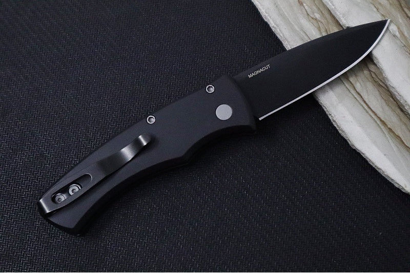 Pro Tech Duke 2 Auto One of a Kind Custom - Black Blade / CPM-Magnacut Steel / Pearl Inlay Push Button / Custom Micarta Inlay & Black Anodized Aluminum Handle
