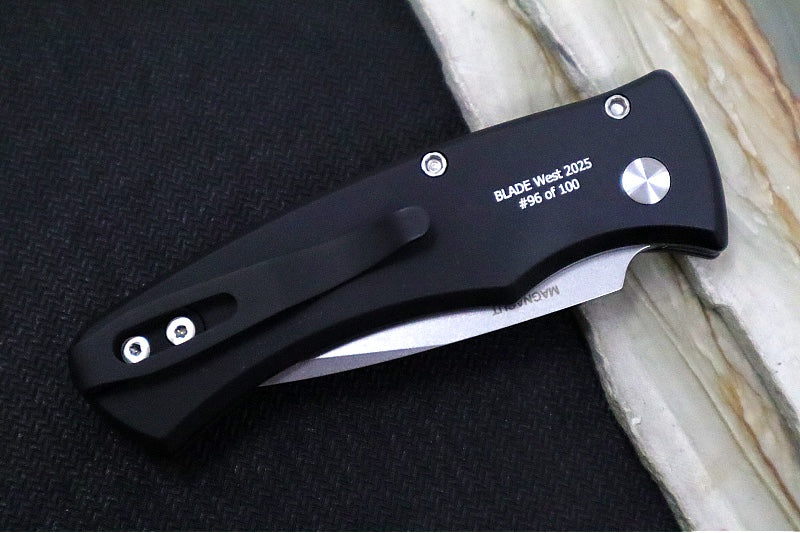 Pro Tech Duke 2 Auto Blade Show West Exclusive - Stonewashed Drop Point Blade/ CPM-Magnacut Steel / Black Anodized Aluminum Handle / Gold Lip Pearl Button BSW25.Duke.1