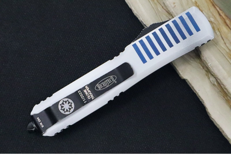 Microtech Ultratech Signature Series Clone Trooper OTF - Dagger Blade / Faded White Blade / Blue & White Aluminum Handle 122-1CO