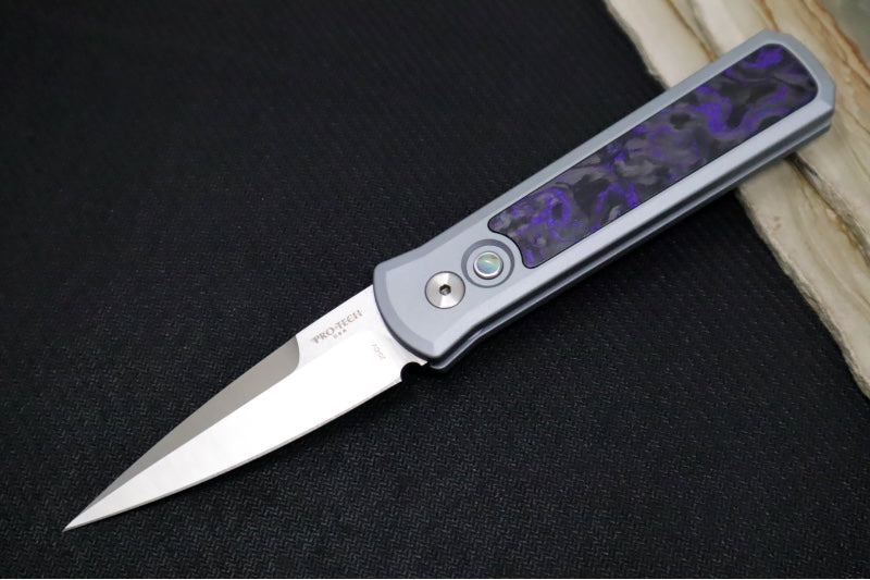Pro Tech Godson Auto Blade Show West Exclusive - Grey Aluminum Handle with Purple Marble Carbon Fiber Insert / Abalone Push Button / Machine Satin 20CV Blade / Polished Deep Carry Clip BSW25.Godson.2