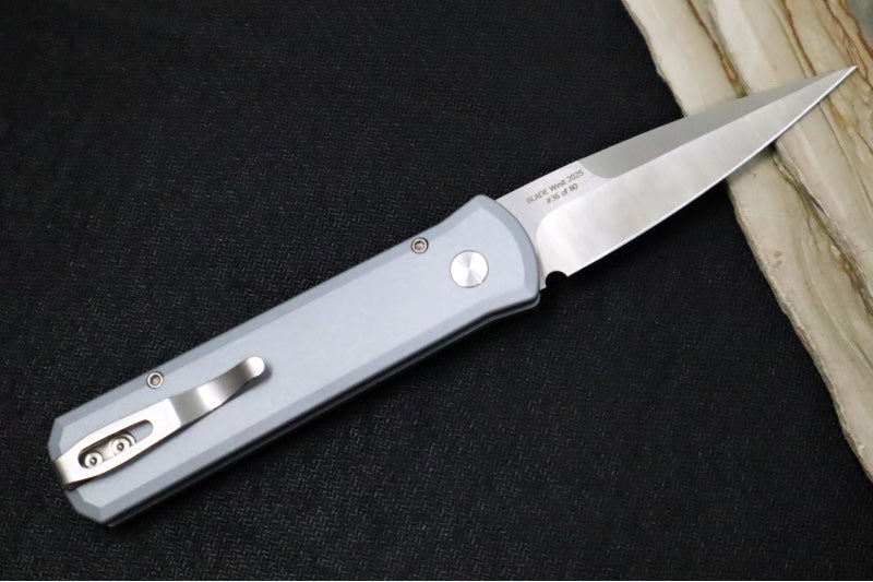 Pro Tech Godson Auto Blade Show West Exclusive - Grey Aluminum Handle with Purple Marble Carbon Fiber Insert / Abalone Push Button / Machine Satin 20CV Blade / Polished Deep Carry Clip BSW25.Godson.2