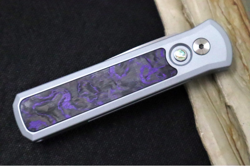 Pro Tech Godson Auto Blade Show West Exclusive - Grey Aluminum Handle with Purple Marble Carbon Fiber Insert / Abalone Push Button / Machine Satin 20CV Blade / Polished Deep Carry Clip BSW25.Godson.2