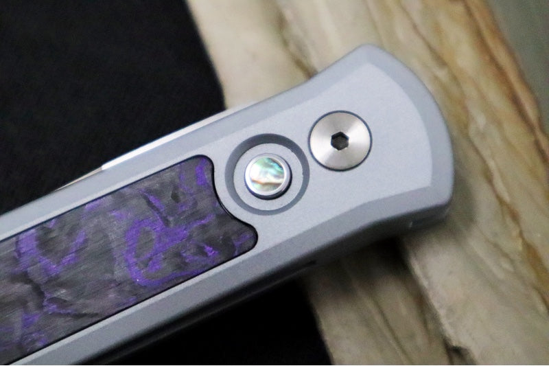 Pro Tech Godson Auto Blade Show West Exclusive - Grey Aluminum Handle with Purple Marble Carbon Fiber Insert / Abalone Push Button / Machine Satin 20CV Blade / Polished Deep Carry Clip BSW25.Godson.2