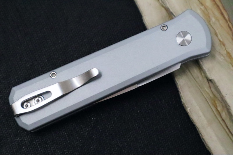 Pro Tech Godson Auto Blade Show West Exclusive - Grey Aluminum Handle with Purple Marble Carbon Fiber Insert / Abalone Push Button / Machine Satin 20CV Blade / Polished Deep Carry Clip BSW25.Godson.2