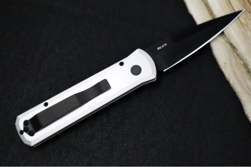 Pro Tech Godson Auto Blade Show West Exclusive - Clear Anodized Aluminum Handle / Black Lip Pearl Push Button / Satin Black DLC 20CV Blade / Black DLC Deep Carry Clip BSW25.Godson.1 - Northwest Knives