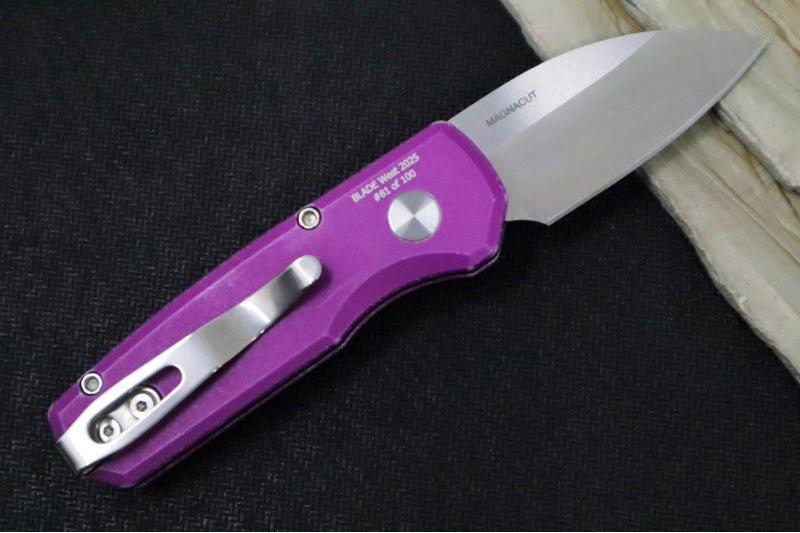 Pro Tech Runt Auto Blade Show West Exclusive - Smooth Battleworn Textured Aluminum Handle / Machine Satin Wharncliffe Blade / CPM-Magnacut Steel / Mother of Pearl Button BSW25.Runt5.1 - Northwest Knives
