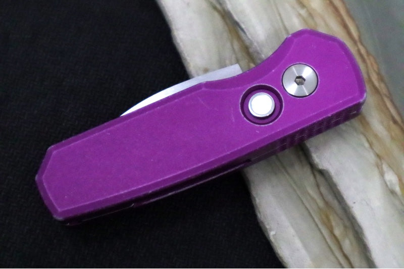 Pro Tech Runt Auto Blade Show West Exclusive - Smooth Battleworn Textured Aluminum Handle / Machine Satin Wharncliffe Blade / CPM-Magnacut Steel / Mother of Pearl Button BSW25.Runt5.1