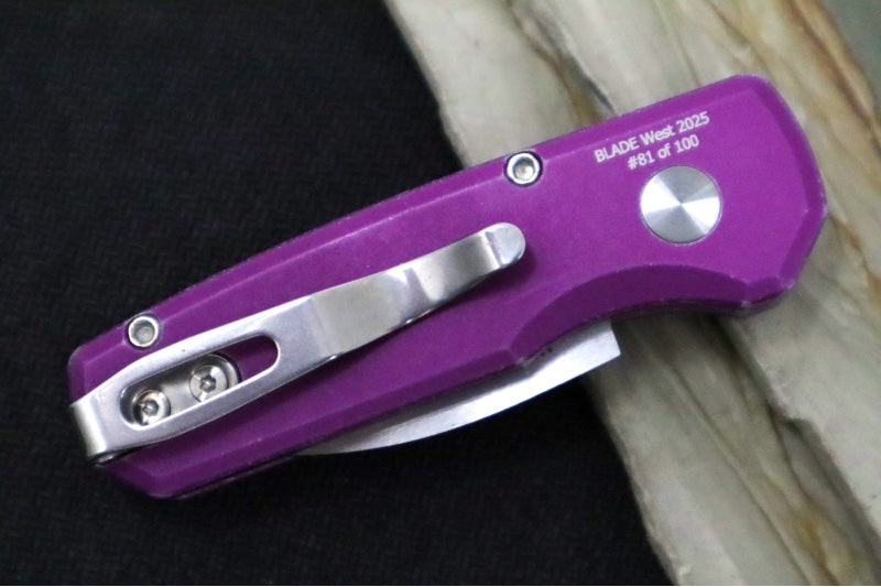 Pro Tech Runt Auto Blade Show West Exclusive - Smooth Battleworn Textured Aluminum Handle / Machine Satin Wharncliffe Blade / CPM-Magnacut Steel / Mother of Pearl Button BSW25.Runt5.1 - Northwest Knives