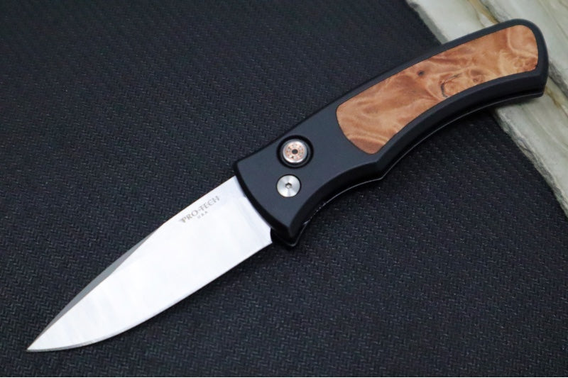 Pro Tech Duke 2 Auto - Machine Satin Blade / CPM-Magnacut Steel / Mosaic Pin Push Button / Black Anodized Aluminum Handle and Maple Burl Inlay DUKE2110-Maple