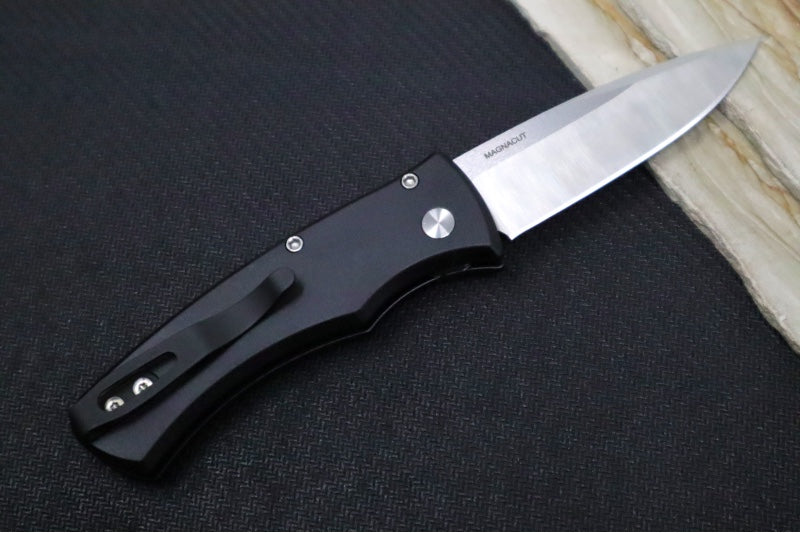 Pro Tech Duke 2 Auto - Machine Satin Blade / CPM-Magnacut Steel / Mosaic Pin Push Button / Black Anodized Aluminum Handle and Maple Burl Inlay DUKE2110-Maple