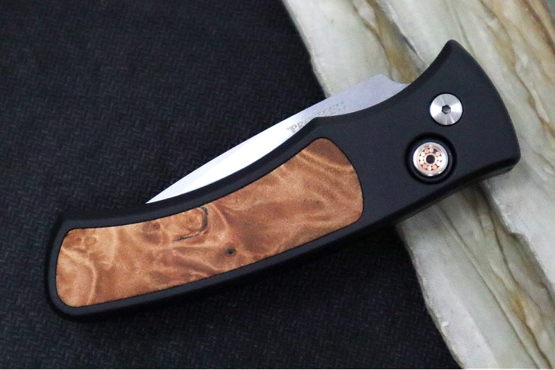 Pro Tech Duke 2 Auto - Machine Satin Blade / CPM-Magnacut Steel / Mosaic Pin Push Button / Black Anodized Aluminum Handle and Maple Burl Inlay DUKE2110-Maple