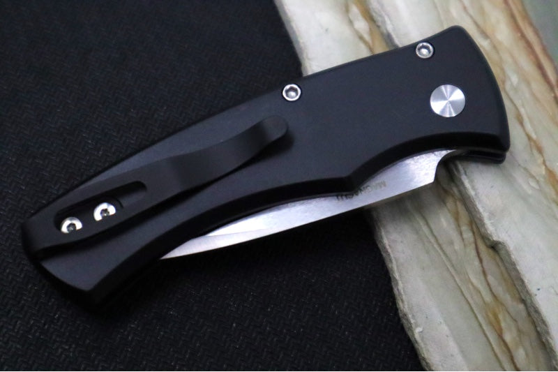 Pro Tech Duke 2 Auto - Machine Satin Blade / CPM-Magnacut Steel / Mosaic Pin Push Button / Black Anodized Aluminum Handle and Maple Burl Inlay DUKE2110-Maple