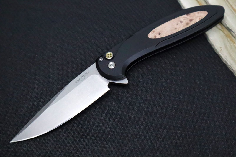 Pro Tech Cambria Flipper Blade Show West Exclusive - Black Anodized Aluminum Handle & Maple Burl Inlay / CPM-Magnacut Steel / Stonewash Finish / Mosaic Pin Button BSW25.Cambria.1