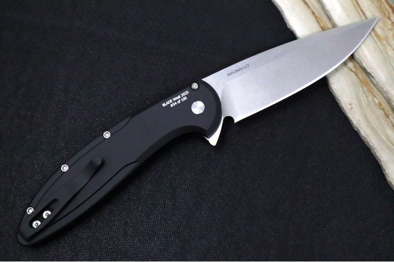 Pro Tech Cambria Flipper Blade Show West Exclusive - Black Anodized Aluminum Handle & Maple Burl Inlay / CPM-Magnacut Steel / Stonewash Finish / Mosaic Pin Button BSW25.Cambria.1