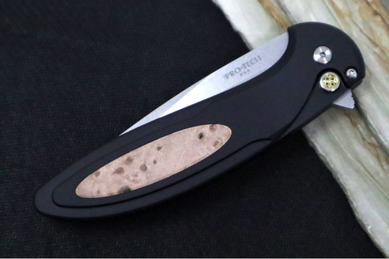 Pro Tech Cambria Flipper Blade Show West Exclusive - Black Anodized Aluminum Handle & Maple Burl Inlay / CPM-Magnacut Steel / Stonewash Finish / Mosaic Pin Button BSW25.Cambria.1