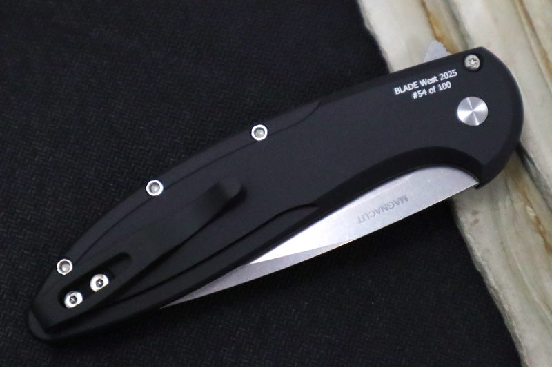 Pro Tech Cambria Flipper Blade Show West Exclusive - Black Anodized Aluminum Handle & Maple Burl Inlay / CPM-Magnacut Steel / Stonewash Finish / Mosaic Pin Button BSW25.Cambria.1 - Northwest Knives