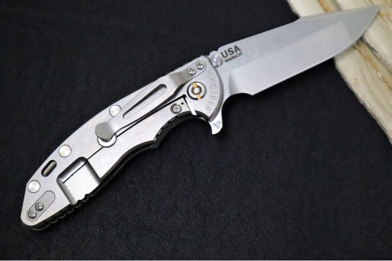 Rick Hinderer Knives XM-18 - 3.5" - Harpoon Spanto / Stonewashed Finish / Translucent Green G-10 & Titanium Handle