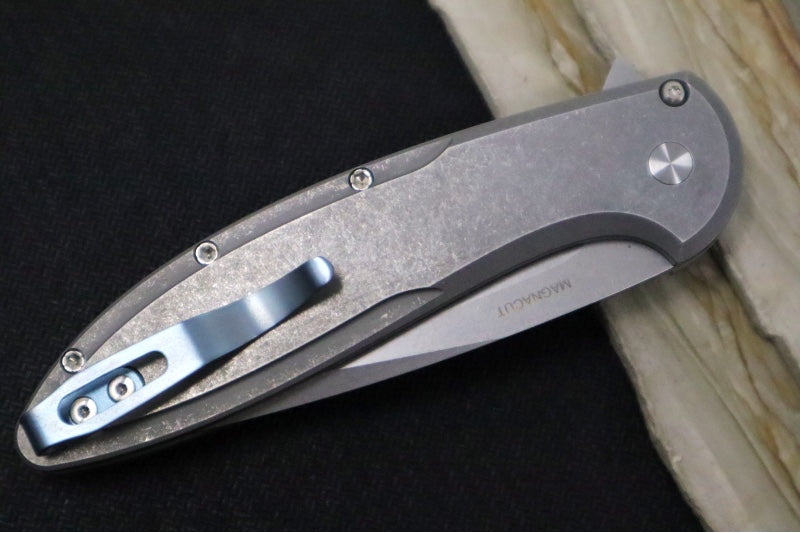 Pro Tech Cambria Flipper 2025 Custom 013 - Blasted & Tumbled Two Toned 17-4 Steel Handle with Blue TechnoCarbo Inlay / CPM-Magnacut Steel / Stonewashed Finish / Black Lip Pearl Button / Blue Anodized Titanium Clip #31of60