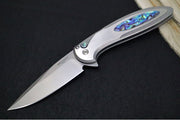 Pro Tech Cambria Flipper 2025 Custom 011 - Blasted & Tumbled Two Toned 17-4 Steel Handle with Abalone Inlay / CPM-Magnacut Steel / Stonewashed Finish / Abalone Button / Deep Carry Titanium Clip - Northwest Knives