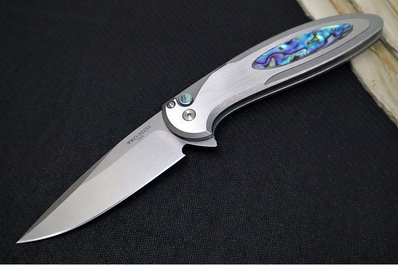 Pro Tech Cambria Flipper 2025 Custom 011 - Blasted & Tumbled Two Toned 17-4 Steel Handle with Abalone Inlay / CPM-Magnacut Steel / Stonewashed Finish / Abalone Button / Deep Carry Titanium Clip