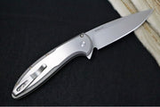 Pro Tech Cambria Flipper 2025 Custom 011 - Blasted & Tumbled Two Toned 17-4 Steel Handle with Abalone Inlay / CPM-Magnacut Steel / Stonewashed Finish / Abalone Button / Deep Carry Titanium Clip - Northwest Knives