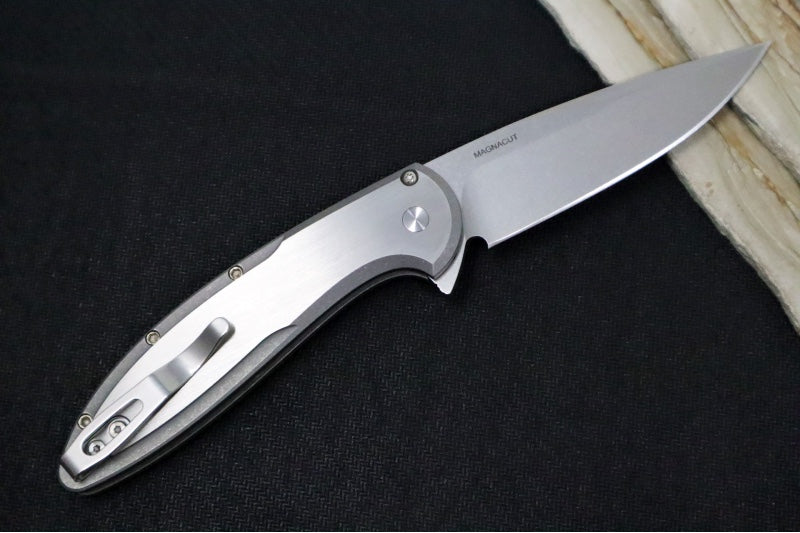 Pro Tech Cambria Flipper 2025 Custom 011 - Blasted & Tumbled Two Toned 17-4 Steel Handle with Abalone Inlay / CPM-Magnacut Steel / Stonewashed Finish / Abalone Button / Deep Carry Titanium Clip