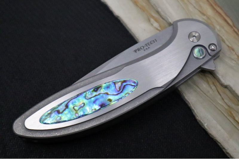 Pro Tech Cambria Flipper 2025 Custom 011 - Blasted & Tumbled Two Toned 17-4 Steel Handle with Abalone Inlay / CPM-Magnacut Steel / Stonewashed Finish / Abalone Button / Deep Carry Titanium Clip