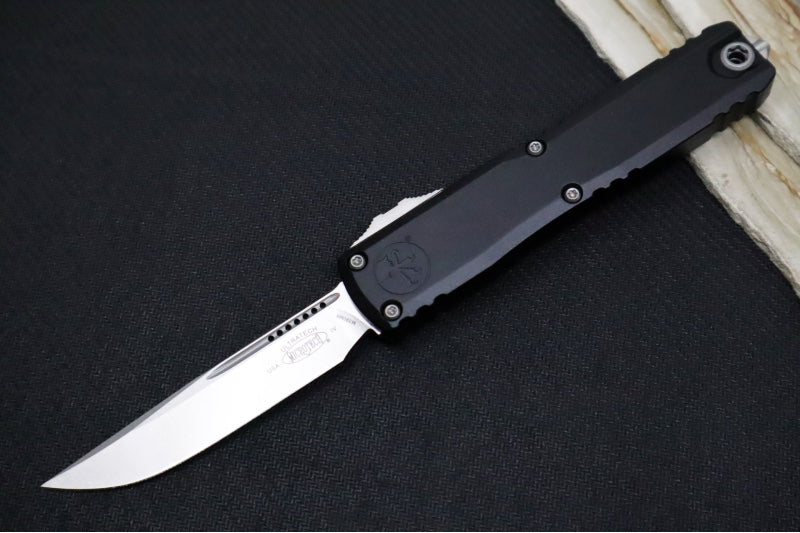 Microtech Ultratech Gen IV OTF - Stonewash Finish / Drop Point Blade / Black Anodized Aluminum Handle 11214-10