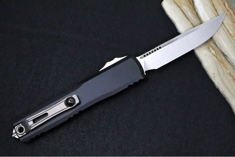 Microtech Ultratech Gen IV OTF - Stonewash Finish / Drop Point Blade / Black Anodized Aluminum Handle 11214-10